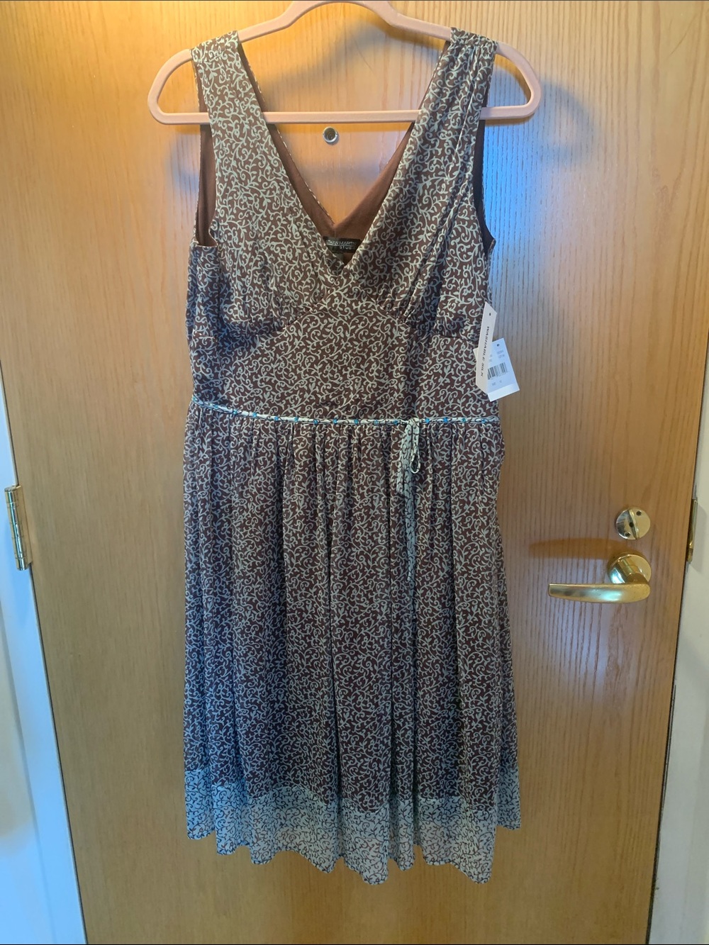 New! 100% Silk Light Blue and Brown V-Neck Midi Dress- Lined - Size 12